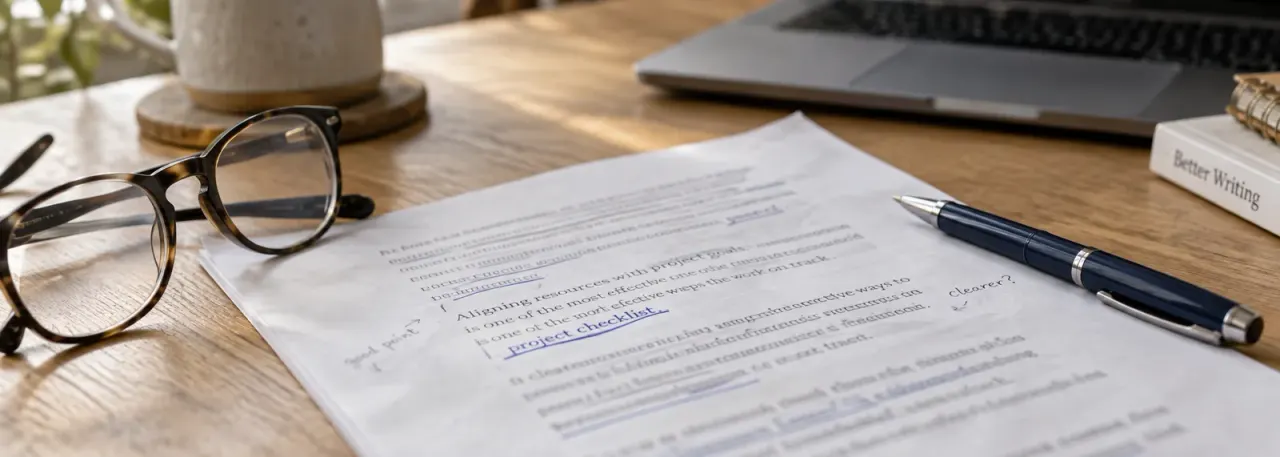 Article proof with a blue-underlined project checklist reference beside reading glasses and a pen