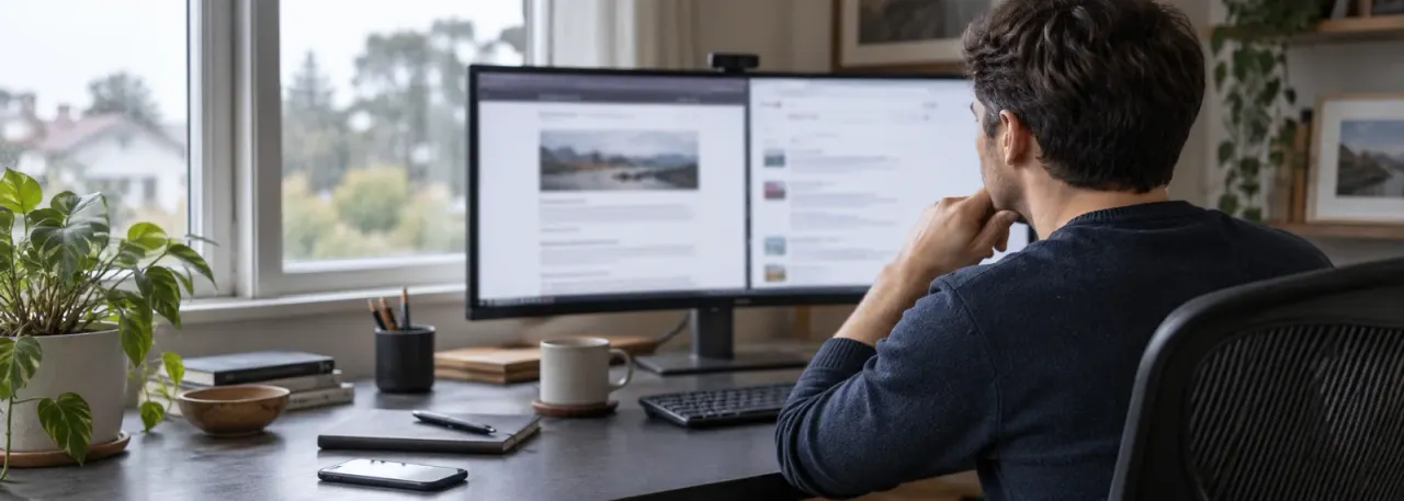 Editor reviewing web pages on a desktop monitor beside a softly lit window