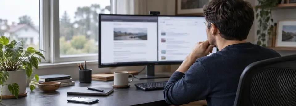 Analyst comparing two SEO metric dashboards side by side on a desktop monitor