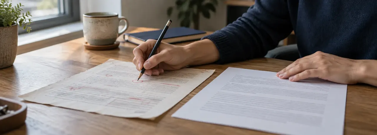 Hands reviewing an annotated article proof beside a clean revised page on a wooden desk