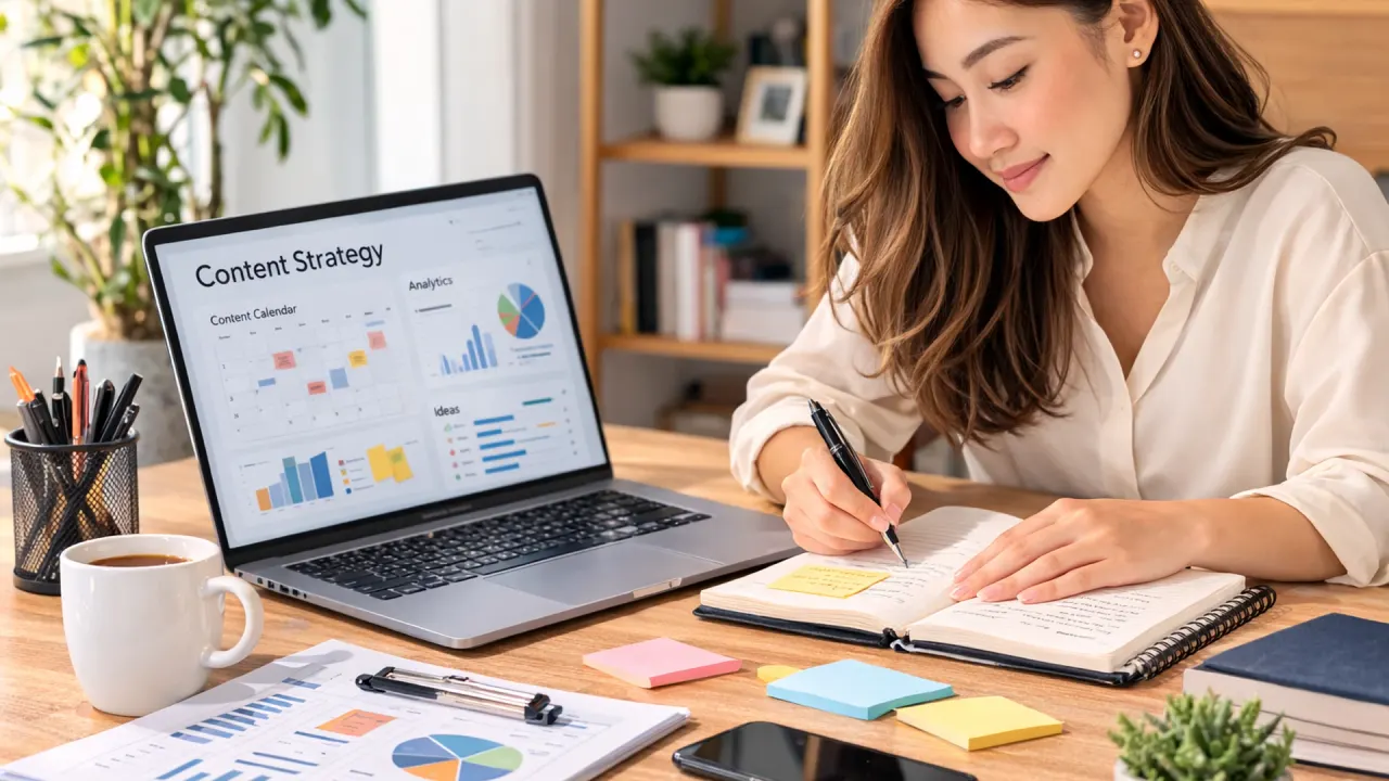 Person planning a backlink target list in a notebook beside a laptop showing analytics
