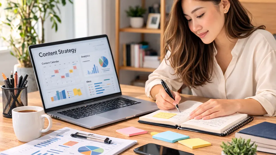 Person planning a backlink target list in a notebook beside a laptop showing analytics