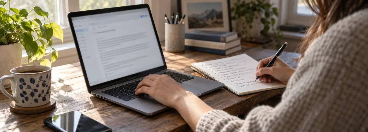 Writer reviewing an article outline in a notebook beside an email draft on a laptop