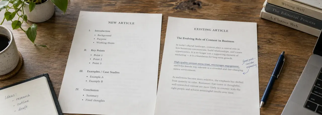 Original article beside a syndicated republish with an editorial annotation on a wooden desk
