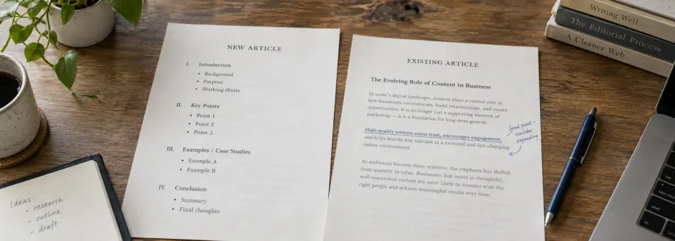 Original article beside a syndicated republish with an editorial annotation on a wooden desk