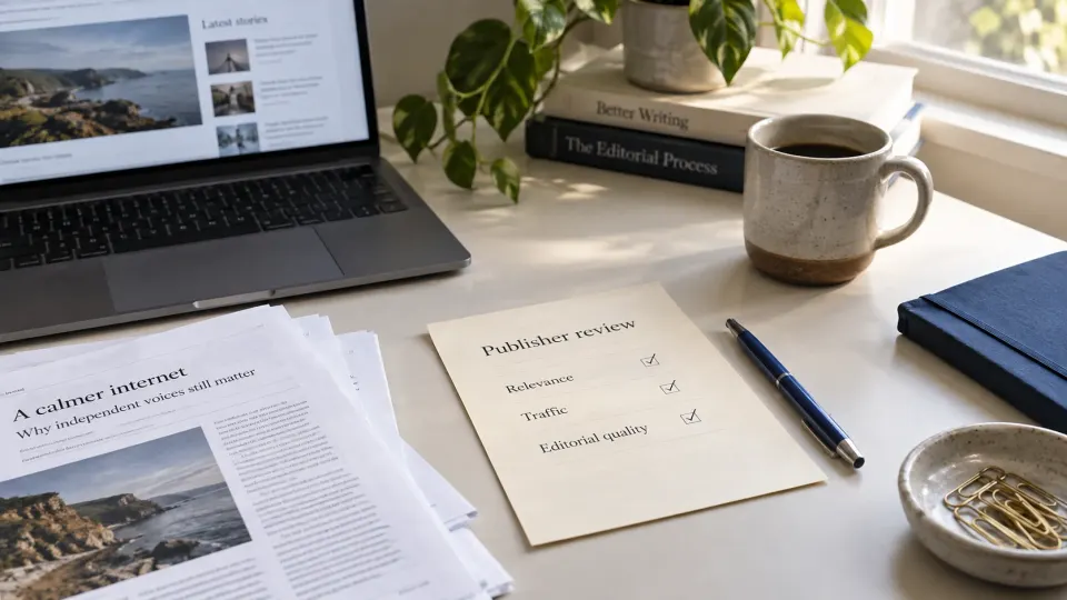 Publisher review checklist with printed articles and an author bio page on a desk