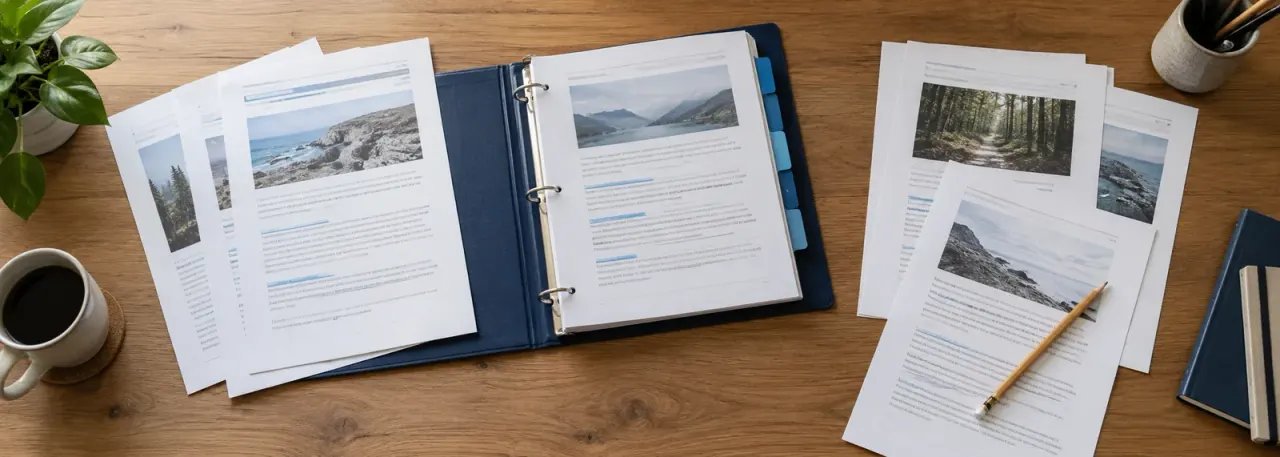 Printed website pages grouped beside an open navy binder with blue tabs on a wooden desk