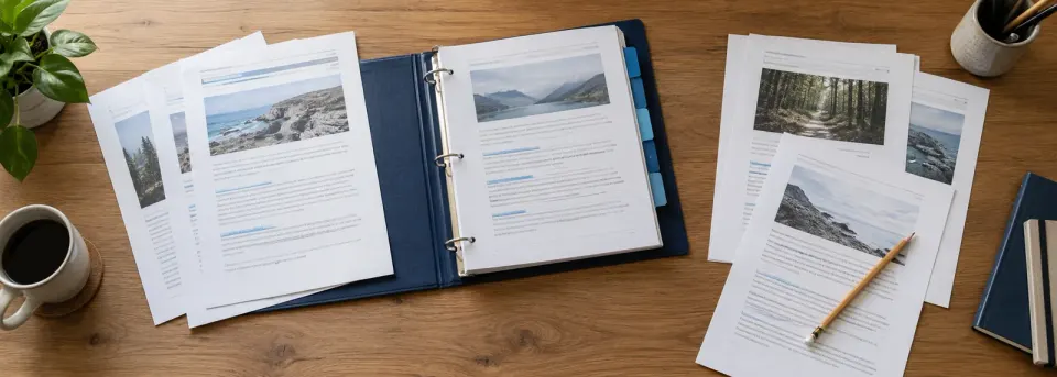Printed website pages in different languages grouped beside an open navy binder