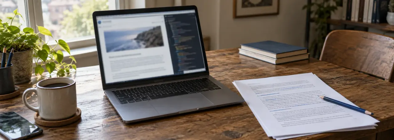 Laptop showing an article and code pane beside a printed proof with blue pencil marks